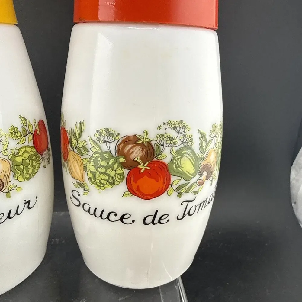 Vintage Gemco Corning Ware Spice of Life Ketchup Sauce Dispenser Pump Bottle Set